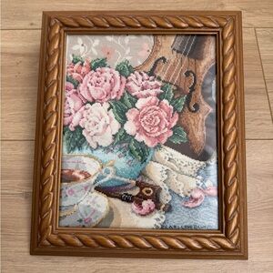 Vintage Framed Needlepoint Violin Flowers Floral Cross Stitch Art Wall